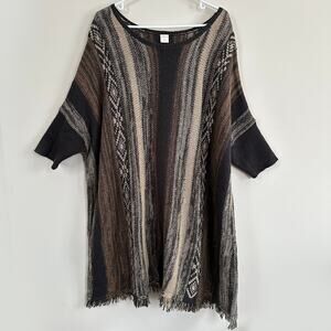 Wild Pearl Striped Oversized Poncho Sweater Brown Fringe Pullover Aztec M/L